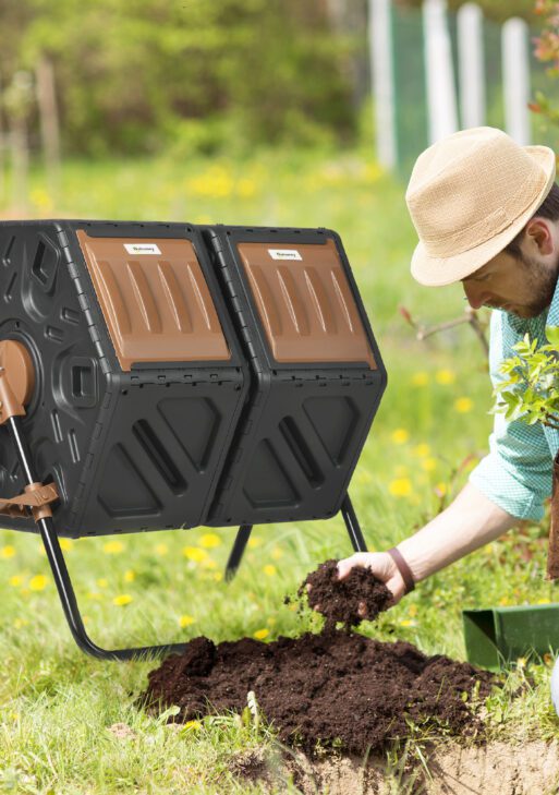 Dual Chamber Compost Tumbler Bin, Outdoor Tumbling Composter with 24 Ventilation Openings and Steel Legs, 34.5 Gallon