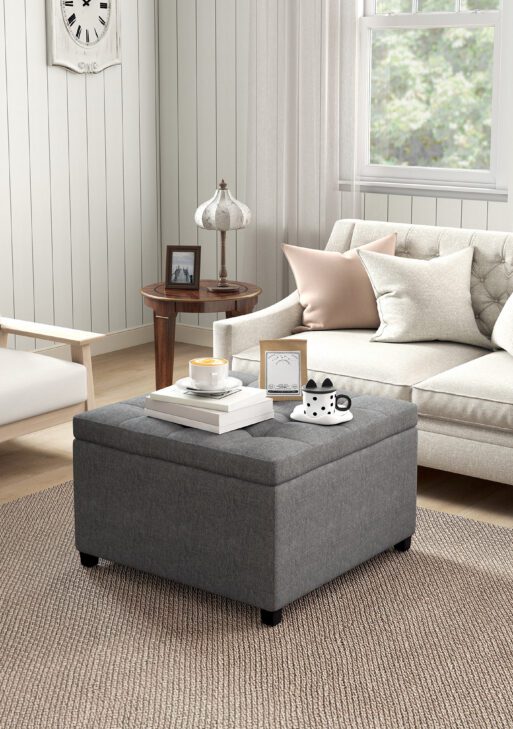 Round Storage Ottoman Bench, Button Tufted Ottoman with Flip Top for Living Room, Entryway and Bedroom, Gray