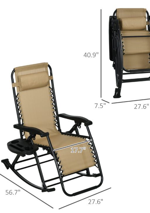 2 Outdoor Rocking Chairs Foldable Reclining Zero Gravity Lounge Rockers w/ Pillow Cup & Phone Holder, Beige
