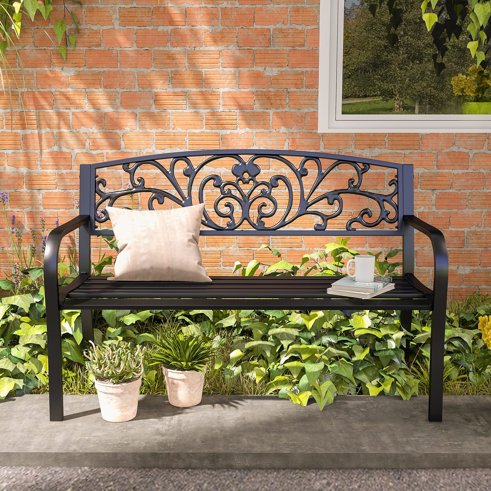 50" Outdoor Bench, Metal Garden Bench with Floral Pattern Backrest, Porch Bench with Slatted Seat for Park, Yard, Lawn, Black - Image 5