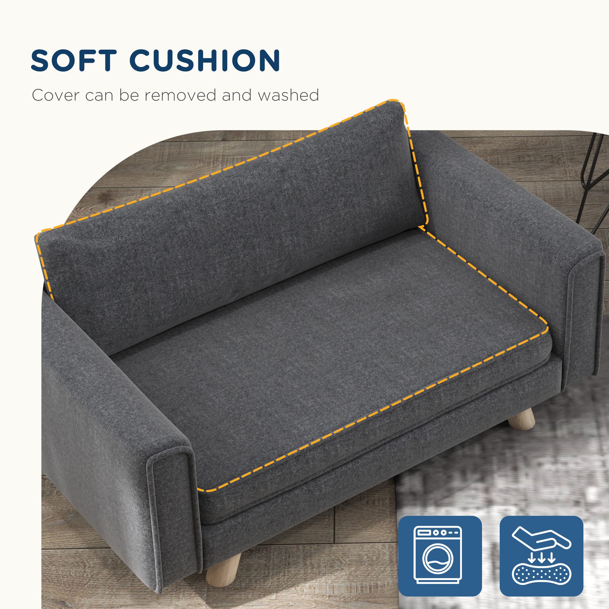 Raised Dog Sofa, Elevated Pet Sofa for Small and Medium Dogs with Removable Seat and Back Cushions, Anti-Slip Pads, Gray - Image 3