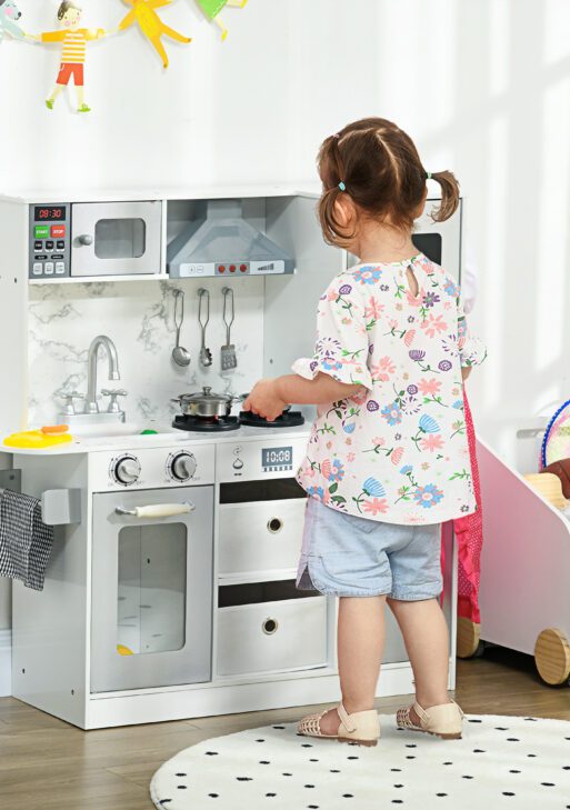 Play Kitchen Set for Kids W/ Lights Sounds, Apron and Chef Hat, White