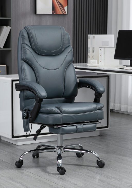 6 Point Vibration Massage Office Chair, PU Leather Heated Reclining Computer Chair with Footrest, Gray
