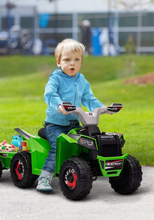 6V Electric Toy Car with Back Trailer, Forward Backward, Wear-Resistant Wheels for Ages 18-36 Months, Green