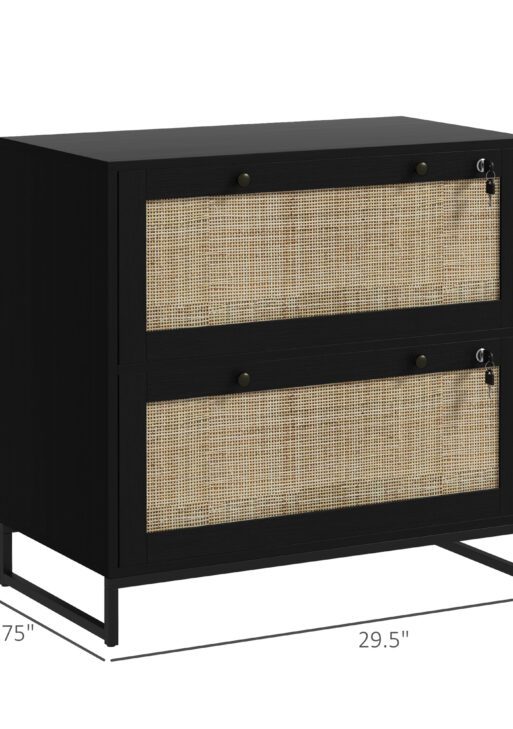 Lockable Filing Cabinet, Boho 2 Drawer File Cabinet with Adjustable Hanging Bar for Letter, A4 and Legal Size, Black