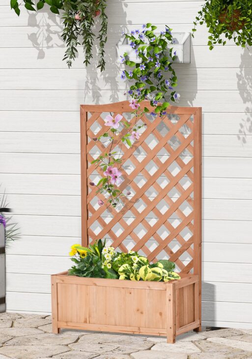 28" x 11" x 46" Raised Garden Bed, Wooden Planter Box w/ Trellis, Brown