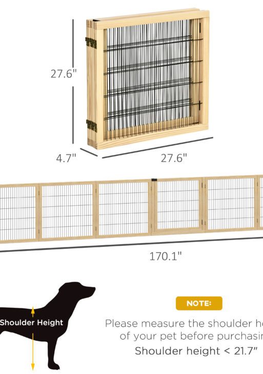 Wooden Pet Gate, 6-Panel Folding Dog Safety Barrier with Support Feet for Small & Medium Dogs, Natural Wood