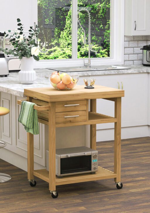 Bamboo Kitchen Island Cart on Wheels, Utility Trolley Cart with 2 Storage Drawers and Open Shelves, Bamboo Tone