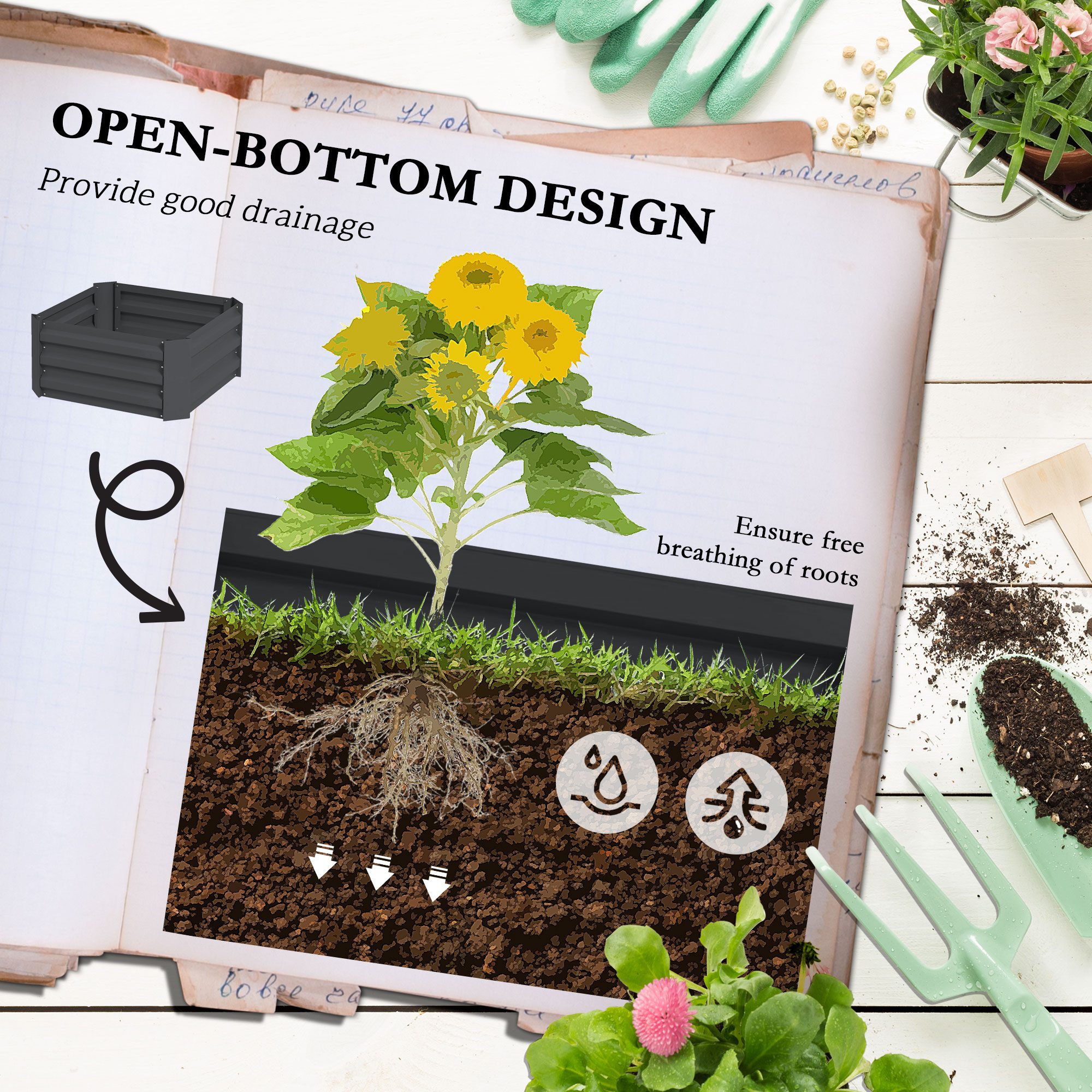 Galvanized Planter Box, 24" x 24" x 73.5" Raised Garden Bed with Tomato Cage for Climbing Vines, Dark Gray - Image 3