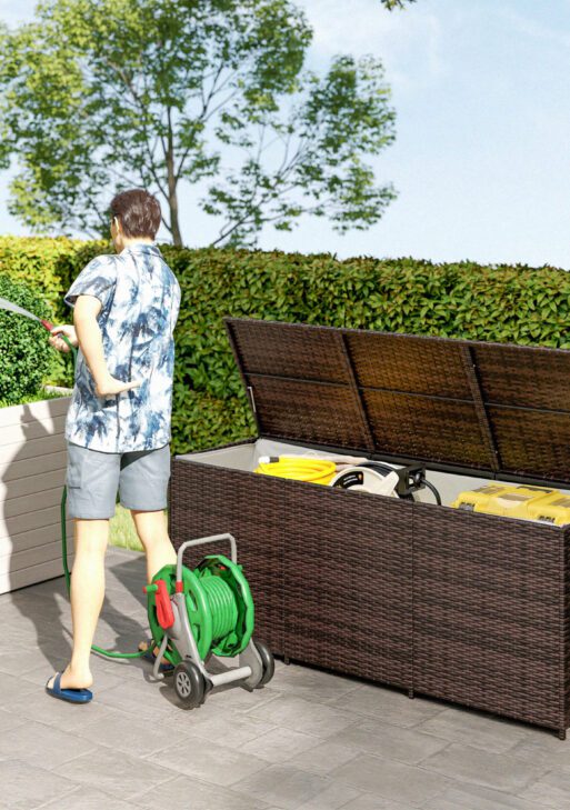 175 Gallon Outdoor Storage Box with Inner Liner, PE Rattan Wicker Deck Box with Pneumatic Bar Lift, Mixed Brown