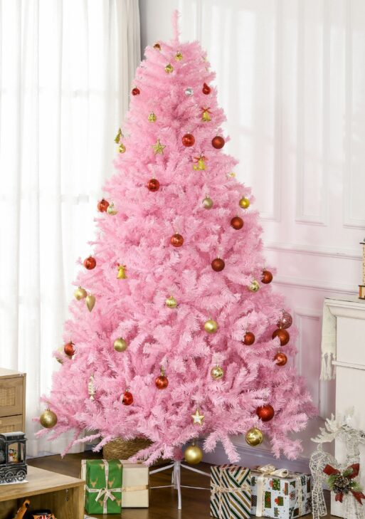 7' Artificial Pink Christmas Trees, with Auto Open, Steel Base, Wide Shape for Indoor Xmas Decoration
