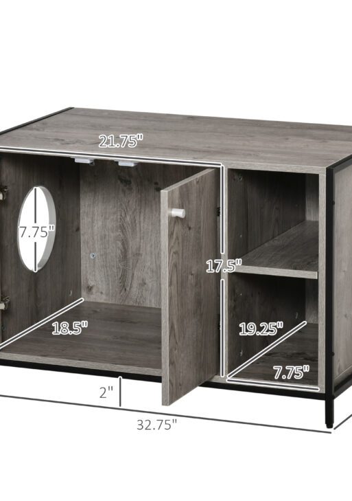 Large Wooden & Steel Cat Litter Box Enclosure, Kitten Washroom End Table, Indoor Hidden Cat House with Magnetic Doors & Storage Shelves, Gray