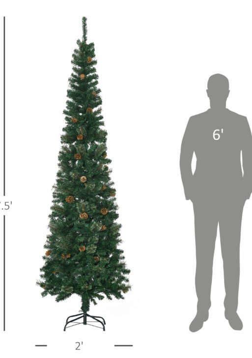 7.5 Foot Pencil Artificial Christmas Tree, Slim Pine Needles Xmas Tree with Realistic Branches, Pine Cones, Metal Base, Green