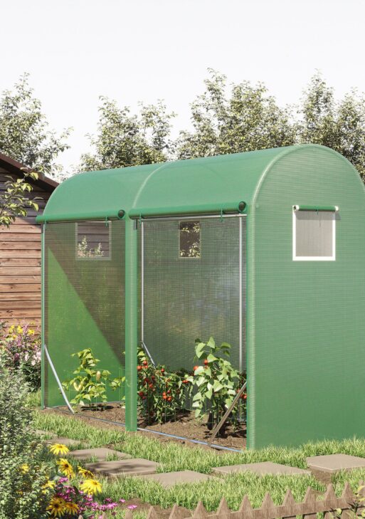 10' x 3' x 7' Walk-in Lean-to Greenhouse, Steel, 4 Zipper Roll-up Windows & 2 Doors, UV Protecting PE Cover for Growing Flowers, Vegetables, Tropical Plants, Saplings, Succulents, Green
