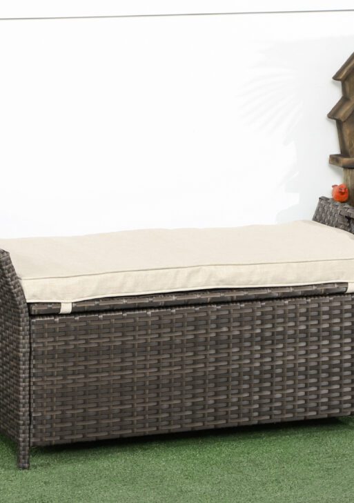 29 Gallon Patio Wicker Storage Bench, Outdoor PE Rattan Patio Furniture, 2-In-1 Large Capacity Rectangle Garden Storage Box with Handles and Cushion, Cream White