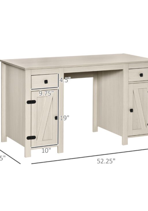 Farmhouse Computer Desk with Storage, Home Office Desk with 2 Drawers and 2 Cabinets, Cream White