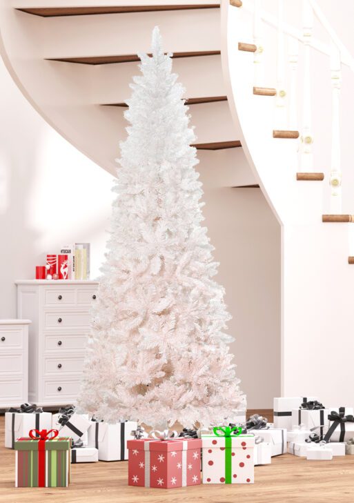 7' Tall Unlit Pencil Fir Artificial Christmas Tree with Realistic Branches and Steel Base, Pink and White