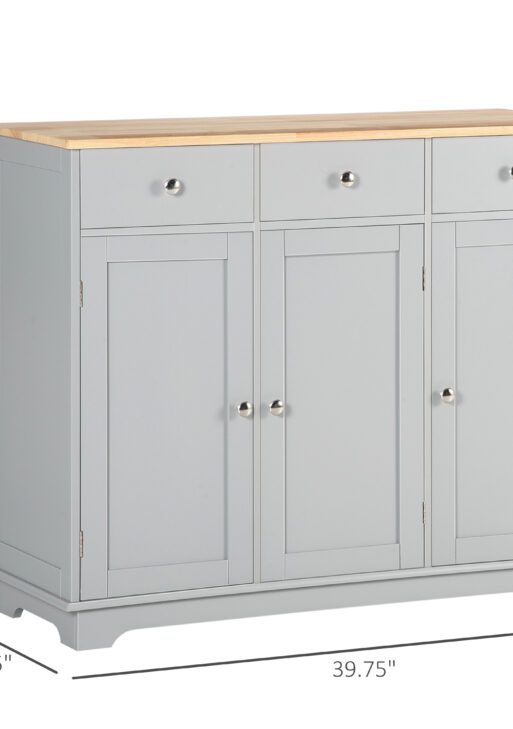 Kitchen Storage Cabinet, Sideboard Floor Cupboard with Solid Wood Top, Adjustable Shelf, and 3 Drawers, Gray
