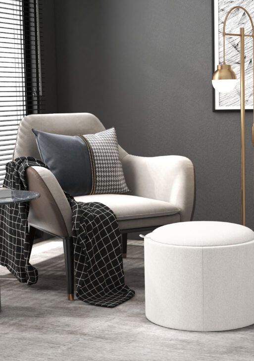 Round Storage Ottoman Coffee Table with Flip Top Tray, Linen Fabric Upholstered Footstool with Hidden Compartment