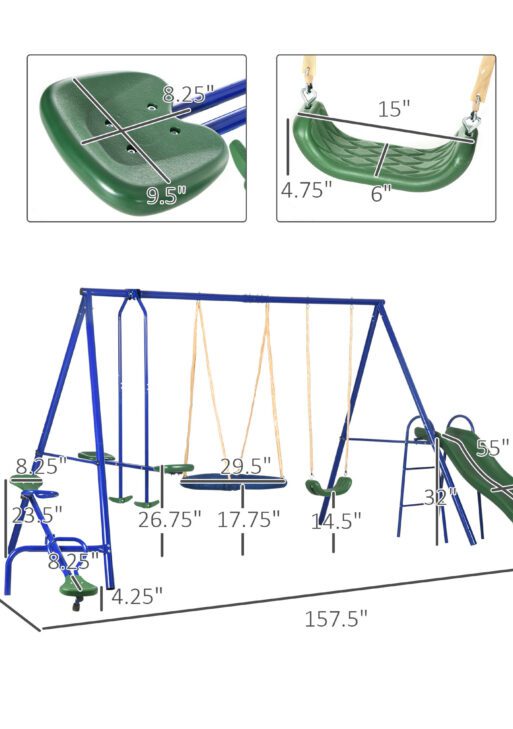 Swing Set for Backyard, 5 in 1 Heavy-Duty A-Frame Stand Outdoor Playset for Kids with 29.5" Saucer Swing, Slide, Seesaw, Glider, Swing Seat, Blue