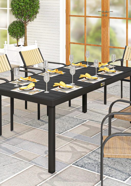 75" x 35" Outdoor Dining Table for 8 People, Rectangular Aluminum Frame Garden Table with All-Weather Faux Wood Top for Garden, Lawn, Patio, Black