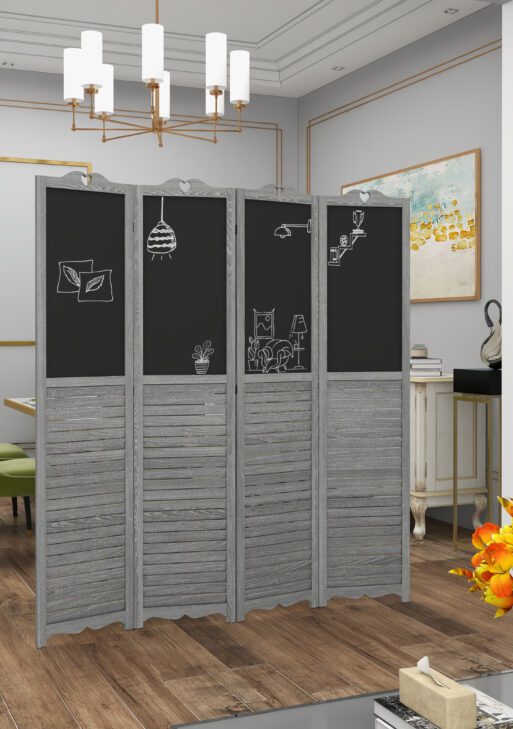 Wooden Room Divider with Blackboard, 4 Panel Folding Privacy Screen for Home Office, 5.5', Gray