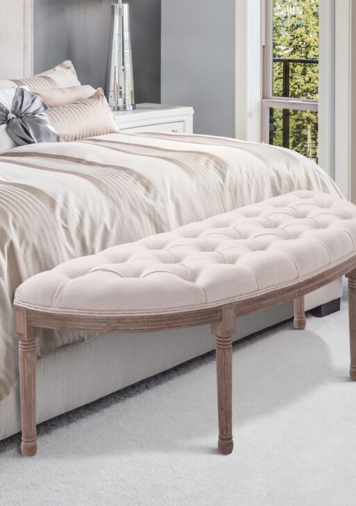 Semi-Circle End of Bed Bench with Tufted Design, Upholstered Bedroom Entryway Bench with Rubberwood Legs, Off White