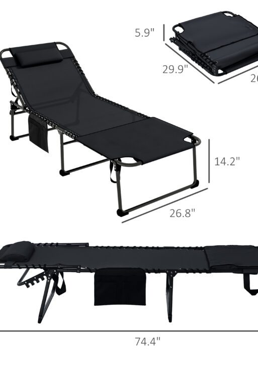 Folding Chaise Tanning Lounge Chair w/ 5-level Reclining Back, Reading Hole, Side Pocket, Headrest, Black