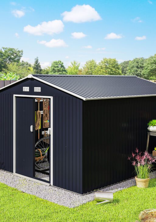 11' x 9' Outdoor Storage Shed, Garden Tool Metal Shed with Foundation Kit, Double Lockable Door, Air Vents and Sloping Roof, for Backyard, Patio, Lawn, Dark Gray