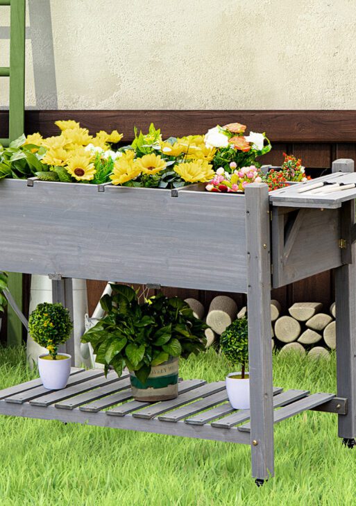 Raised Garden Bed Planter Box w/ 8 Grow Grids, Storage Shelf & Lockable Wheels