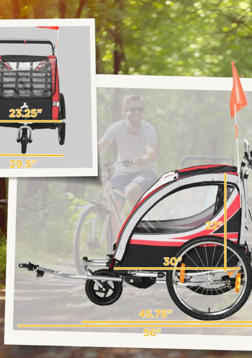 2-in-1 Walk/Ride Child Baby Bike Trailer for Kids 2 Seater, High-Visibility Bike Stroller for Toddler Wagon, Weather-Strong Double Bicycle Trailer Accessory for Kids, Red