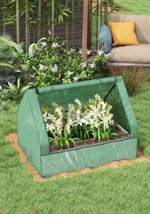 Raised Garden Bed, Outdoor Metal Planter Box with Mini Greenhouse, Green and Silver
