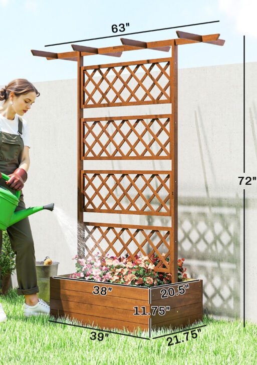 Wooden Trellis Planter Box, Raised Garden Bed to Grow Vegetables, Herbs and Flowers