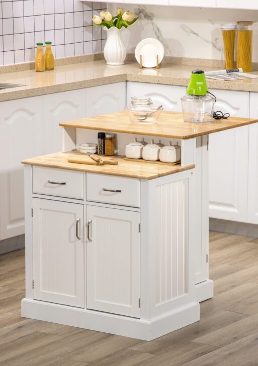 Kitchen Island with 2-Level Rubber Wood Tabletop, Island Table with Adjustable Shelves and Drawers, White