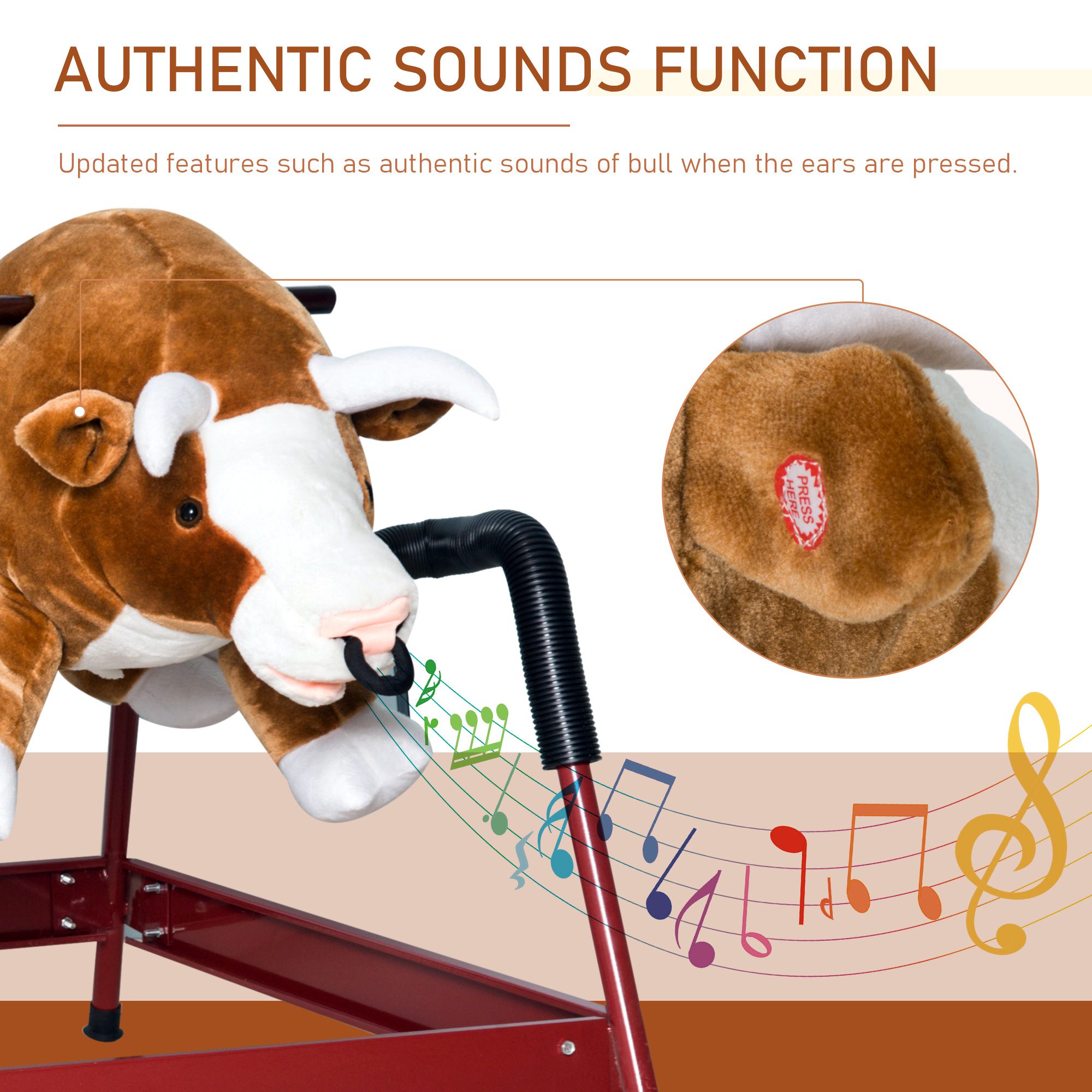 Kids Spring Rocking Horse Rodeo Bull Style with Realistic Sounds for Children over 3 Years Old - Image 3