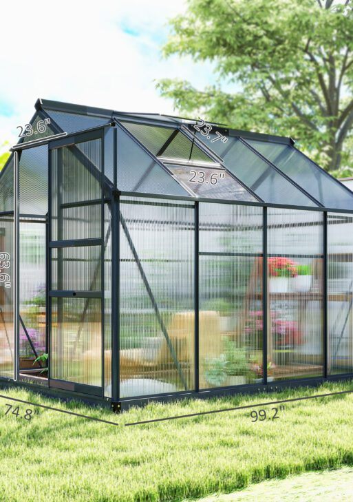 Polycarbonate Greenhouse, Heavy Duty Outdoor Aluminum Walk-in Green House Kit Vent Door, 6.2'x8.3'x6.6' Gray