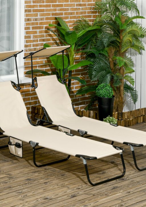 Folding Chaise Lounge Pool Lounge Chairs Set of 2, Outdoor Sun Tanning Chairs with Canopy Shade, Reclining Back, Steel Frame and Side Pocket for Beach, Yard, Patio, Tan