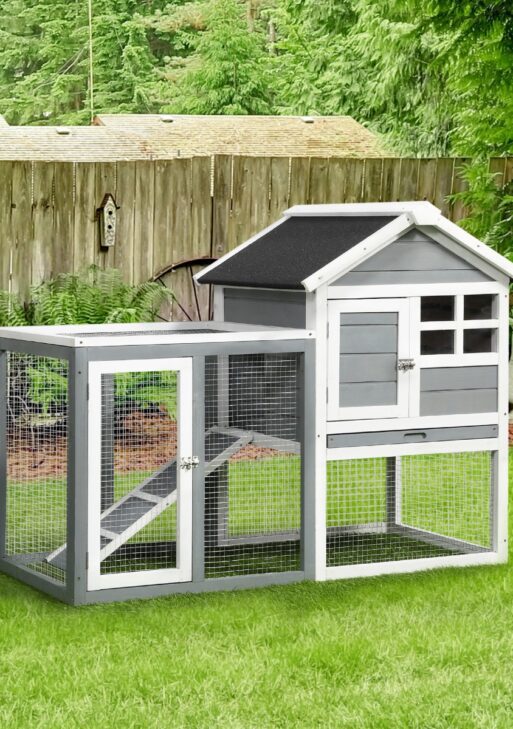 Indoor Rabbit Enclosure, 48" Weatherproof Wooden Rabbit Hutch, with Slanted Asphalt Roof & Fun Outdoor Run for Bunnies & Ferrets - Gray