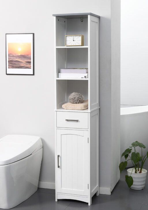 Tall Bathroom Storage Cabinet, Narrow Bathroom Cabinet with 3 Tier Shelving, Drawer and Adjustable Shelves, Slim Freestanding Linen Tower, White