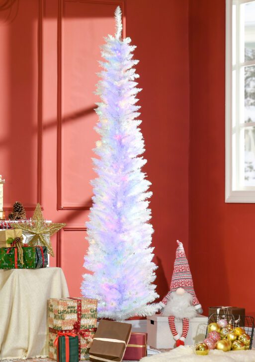 7' Prelit Christmas Trees, Pencil Artificial Christmas Tree with Colorful Surface Branches, Colorful LED Lights, White