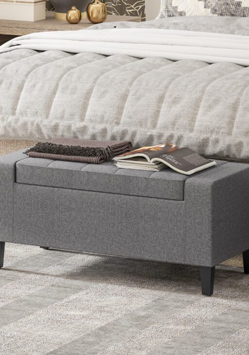 36" Ottoman with Storage, Storage Ottoman Bench with Lift Top and Rubberwood Legs, Linen Upholstered Entryway Bench with Seating for Living Room, Bedroom, Holds up to 330 lb, Gray