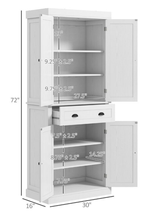 72.5" Kitchen Cabinet, Pantry Storage Cabinet with Doors and Shelves, Freestanding Food Pantry Cabinet, White Wood Grain