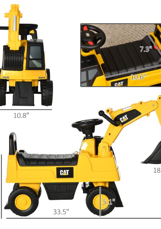 Kids Excavator Ride on Toy CAT Licensed with Manual Shovel, Horn, Hidden Storage for 18-36 Months, Yellow