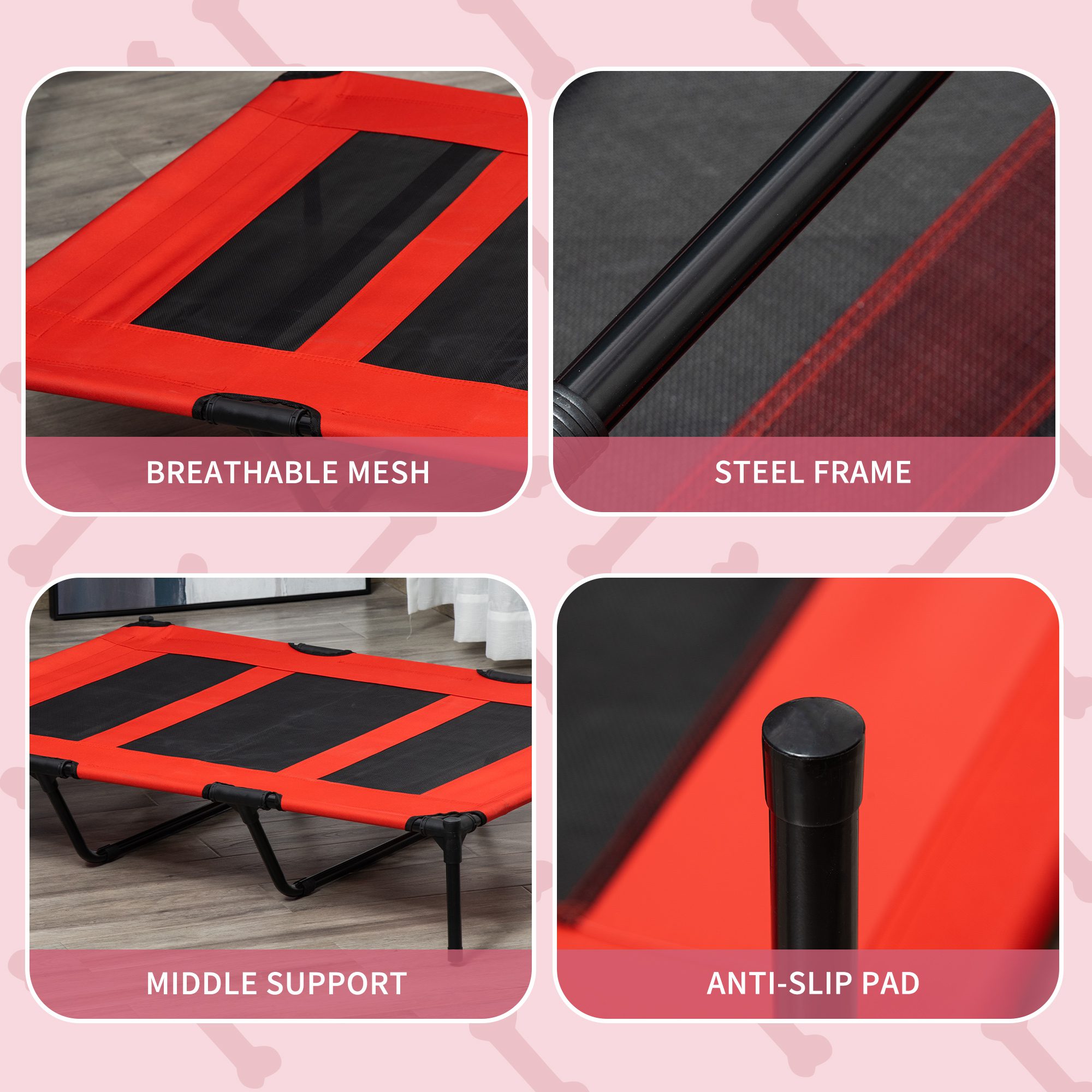 XL Elevated Dog Bed, Outdoor Raised Dog Bed, Portable Pet Cot w/Carry Bag Metal Frame Breathable Mesh Indoor and Outdoor Red - Image 4