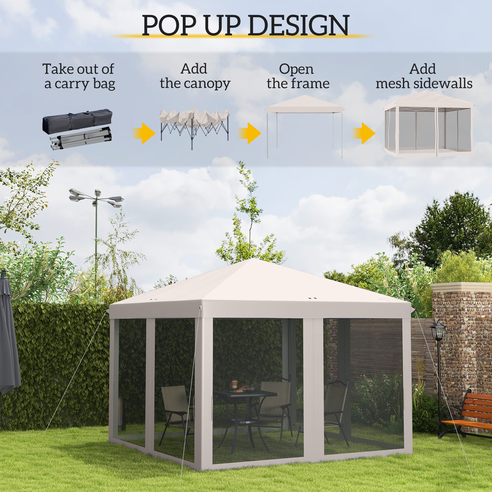 10' x 10' Pop Up Canopy Tent with Netting, Instant Gazebo, Screen House Room with Carry Bag, Height Adjustable, for Outdoor, Garden, Patio, Camping, Beige - Image 2