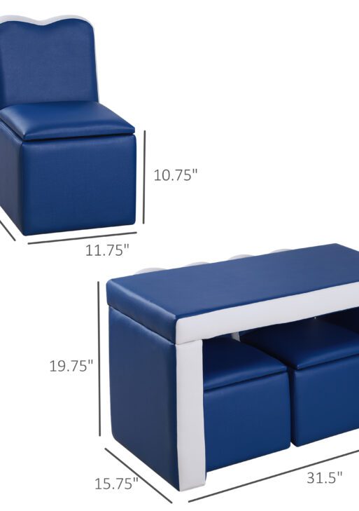 Kids Sofa Set 2-in-1 Multi-Functional Toddler Table Chair Set 2 Seat Couch Storage Box Soft Sturdy Blue