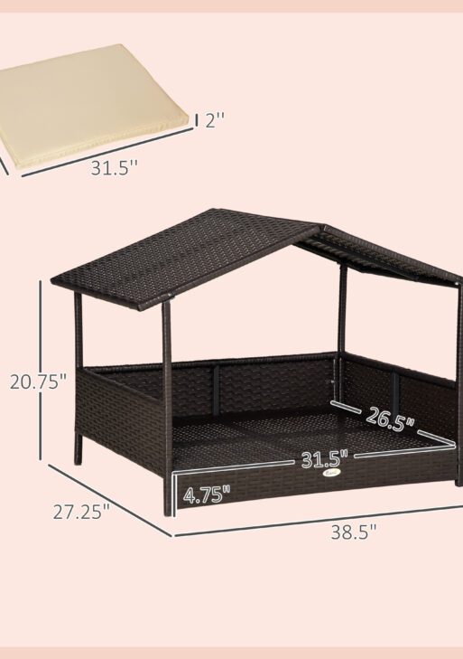 Wicker Dog House Outdoor with Canopy, Rattan Dog Bed with Water-resistant Cushion, Raised Dog Bed for Small, Medium Dogs up to 66 lbs, 19.75" in Length, Brown Wicker, White Cushion