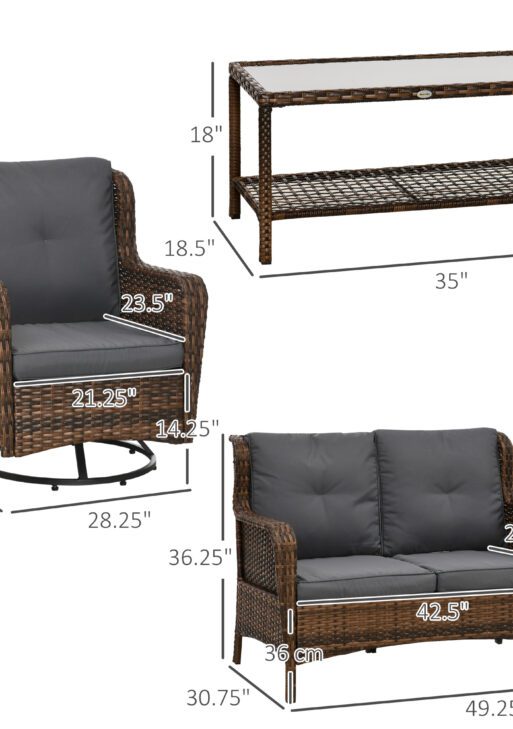 4 Piece PE Rattan Outdoor Patio Furniture Set, Wicker Conversation Set with 2 Swivel Glider Chairs, 2-Tier Glass Table and Loveseat for Garden, Patio, Poolside, Gray