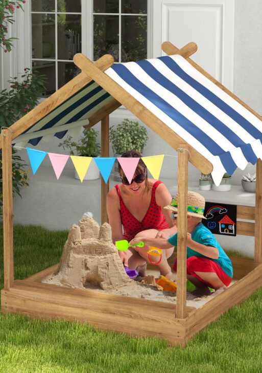 Wooden Sandbox with Canopy, House Design for 3-7 Years Old, Brown