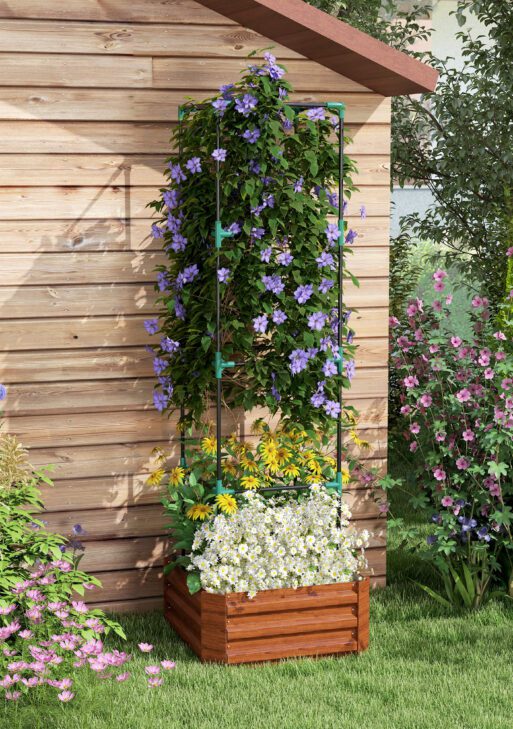 Galvanized Planter Box, 24" x 24" x 73.5" Raised Garden Bed with Tomato Cage for Climbing Vines, Brown